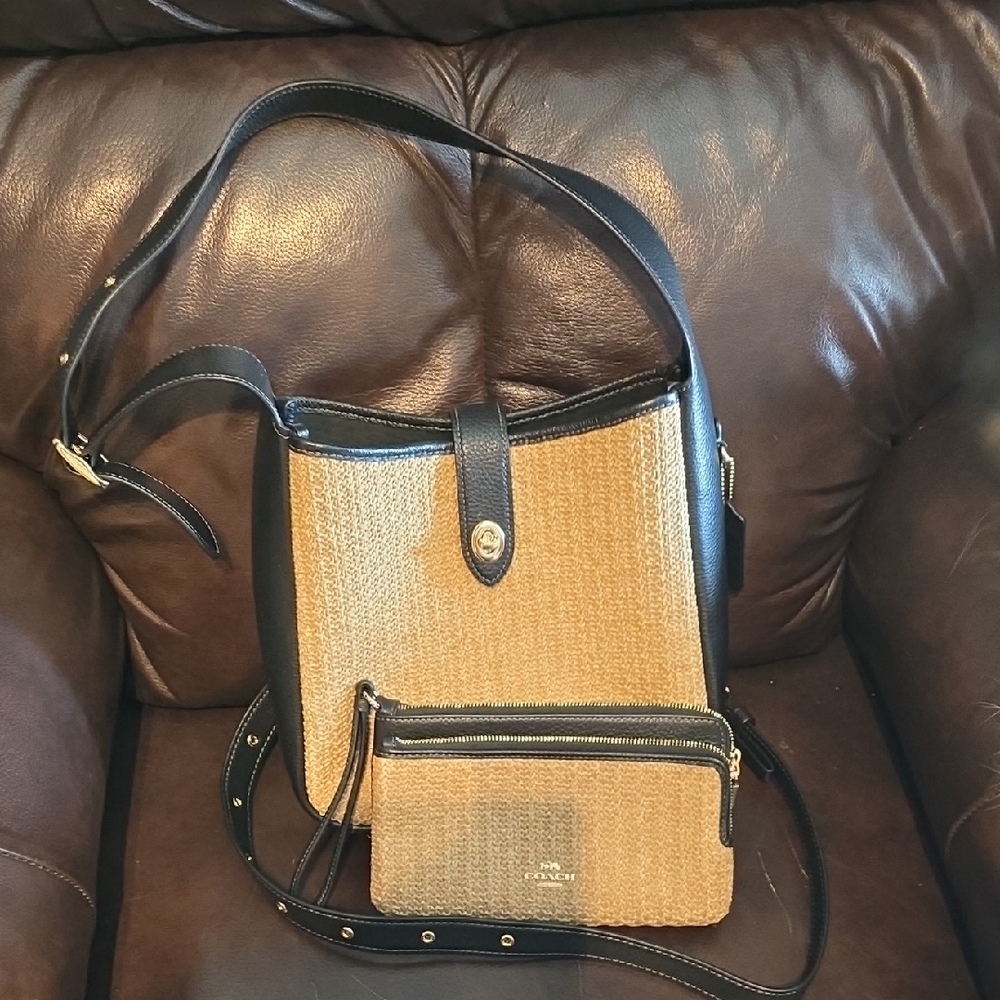 Coach Hadley Straw-Tone Black Pebble Leather Crossbody with Matching Wallet